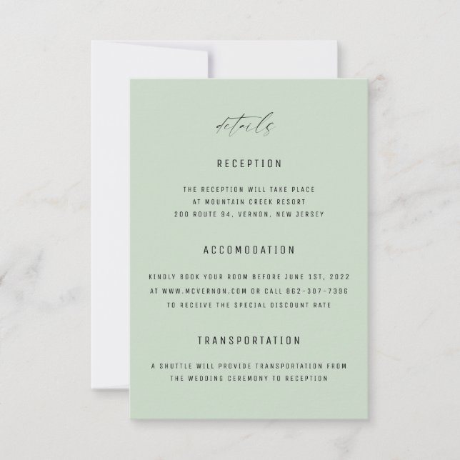 Classic Elegant Sage Green Wedding Enclosure Card (Front)
