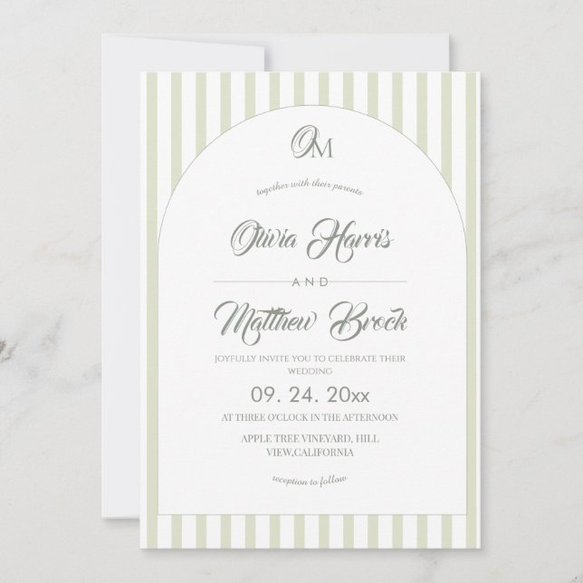 Classic Elegant⎮Sage Stripe Wedding  Invitation (Front)
