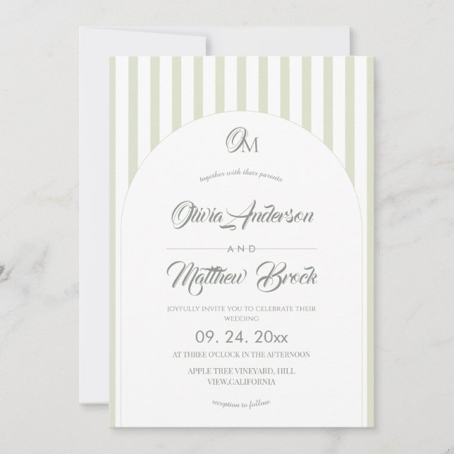 Classic Elegant⎮Sage Stripe Wedding  Invitation (Front)