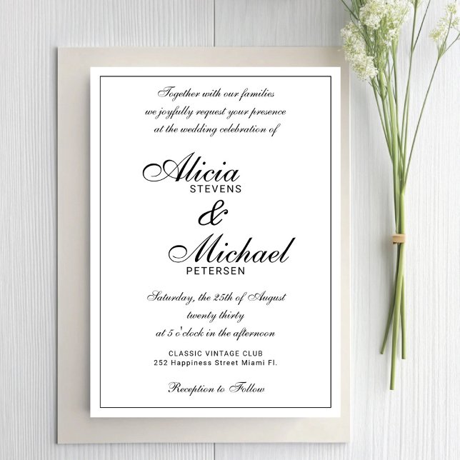 Classic elegant script black and white wedding invitation (Creator Uploaded)