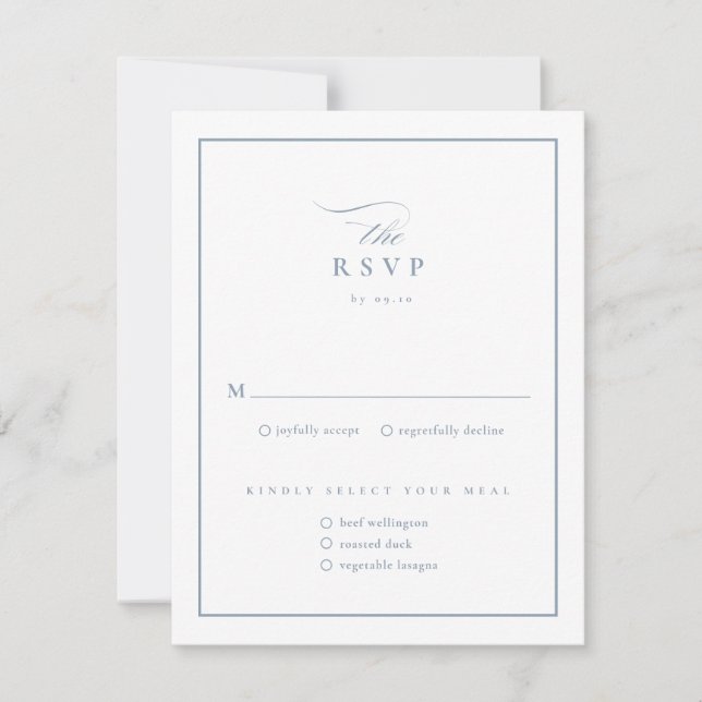 Classic Elegant Script Dusty Blue Wedding RSVP Card (Front)