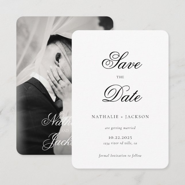 Classic Elegant Script Photo Wedding Save the Date (Front/Back)