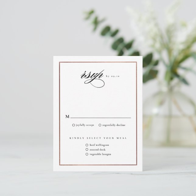 Classic Elegant Script Rose Gold Wedding RSVP Card (Standing Front)