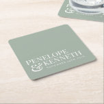 Classic Elegant Simple Custom Wedding Dusty Sage Square Paper Coaster<br><div class="desc">Classic Elegant Typography Custom Wedding Names Paper Coaster with White Text on a Dusty Sage Green Background</div>