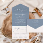 Classic Elegant Slate Blue Wedding All In One Invitation<br><div class="desc">Classic and elegant slate blue all in one wedding invitation is a unique tri-fold invite option that is self-enclosed, sealed, mailed to guests with a detachable RSVP postcard; no need for envelopes! Design features modern calligraphy script accents with classic style typography. The guest address can be included on the back...</div>