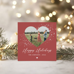 Classic Elegant Snow Flurries Heart Photo Holiday Card