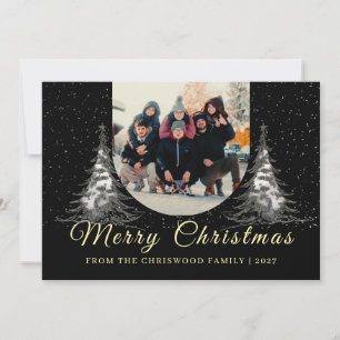 Classic Elegant Snowy Pine Tree Family Christmas Holiday Card