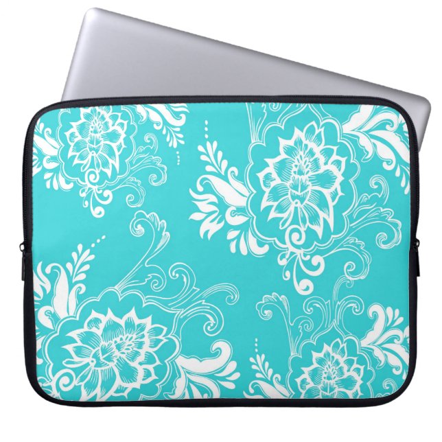 Classic, elegant, stylish. girly aqua blue floral laptop sleeve (Front)