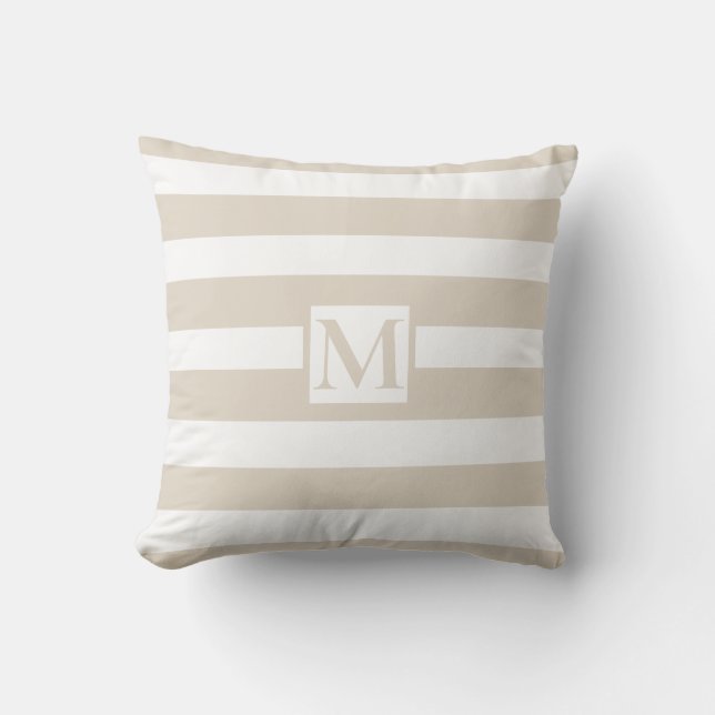 Classic elegant tan beige white strips monogram cushion (Front)