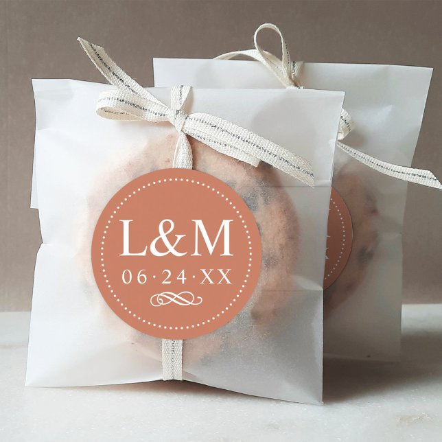 Classic Elegant Terracotta Orange Wedding Monogram Classic Round Sticker (Creator Uploaded)