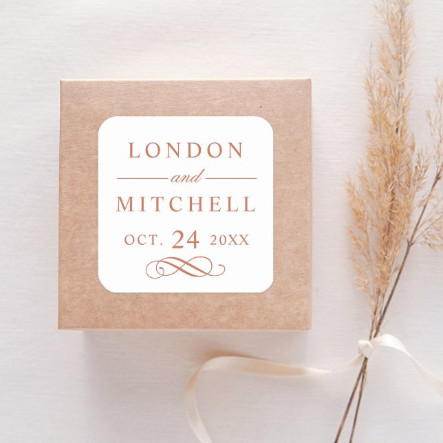 Classic Elegant Terracotta Orange Wedding Monogram Square Sticker (Creator Uploaded)
