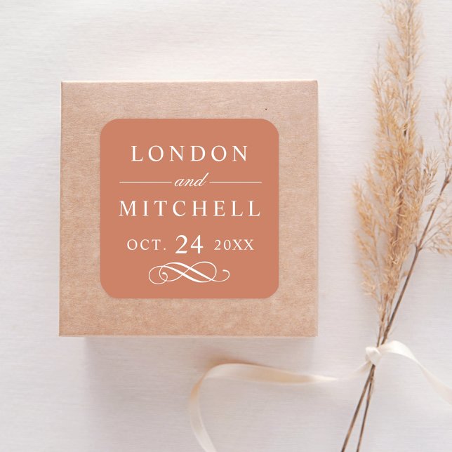 Classic Elegant Terracotta Orange Wedding Monogram Square Sticker (Creator Uploaded)