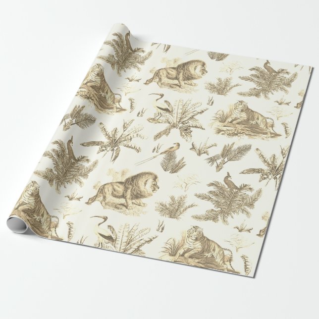 Classic Elegant Topical Safari Lion Beige Toile  Wrapping Paper (Unrolled)