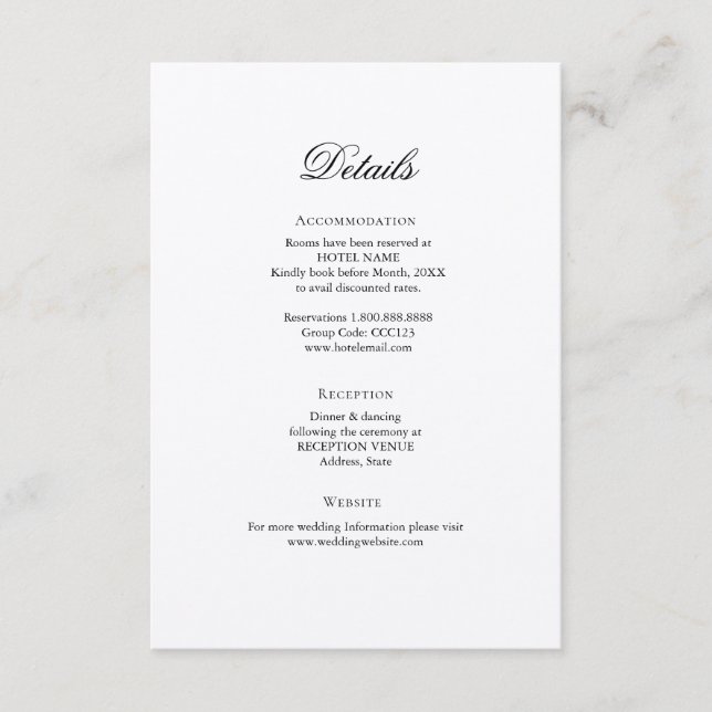 Classic Elegant Wedding Details enclosure card (Front)