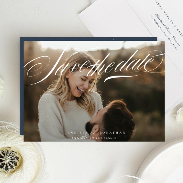 Classic Elegant White Navy Blue Calligraphy Photo Save The Date (Creator Uploaded)