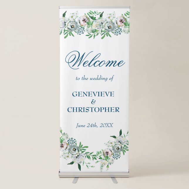 Classic Elegant White Rose Wedding Welcome Retractable Banner (Front)