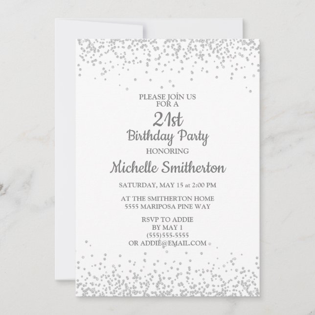 Classic Elegant White Silver Glitter 21st Birthday Invitation (Front)