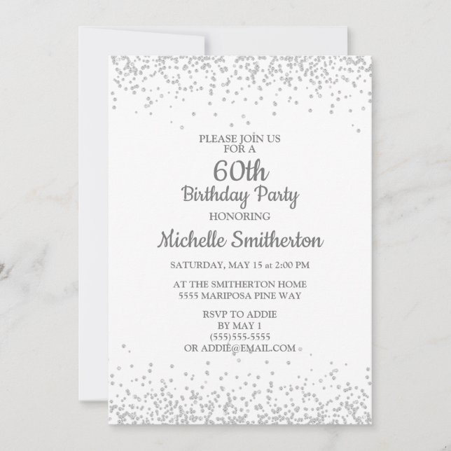 Classic Elegant White Silver Glitter 60th Birthday Invitation (Front)