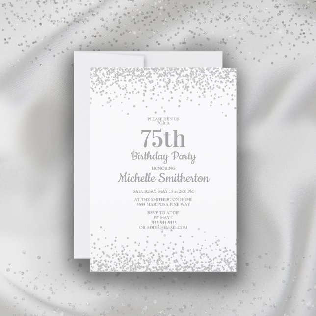 Classic Elegant White Silver Glitter 75th Birthday Invitation (Creator Uploaded)
