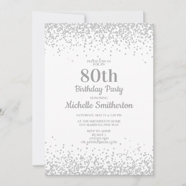 Classic Elegant White Silver Glitter 80th Birthday Invitation (Front)