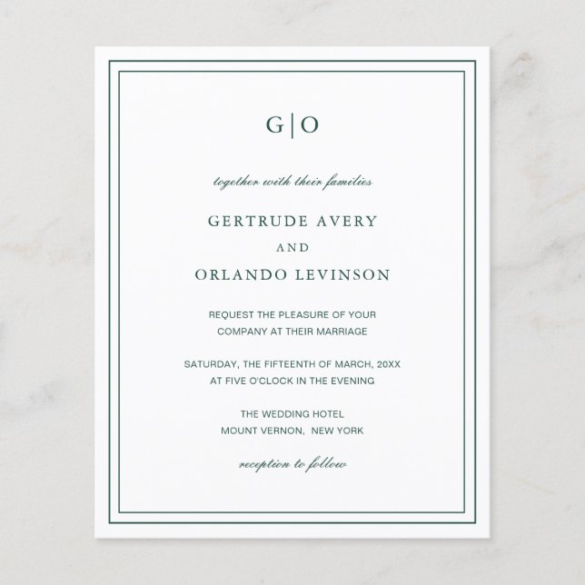 Classic Emerald Green Budget Wedding Invitation Flyer (Front)