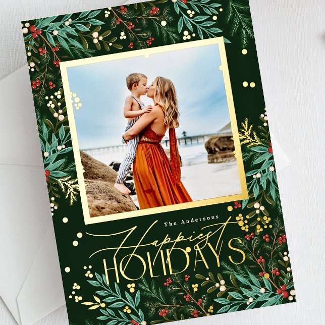 Classic Emerald Green Elegant Photo Christmas Foil Holiday Card (Creator Uploaded)