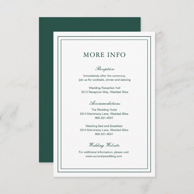 Classic Emerald Green Elegant Wedding Enclosure Card (Front/Back)