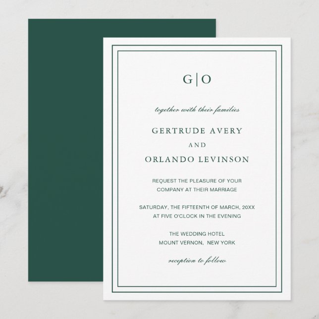 Classic Emerald Green Elegant Wedding Invitation (Front/Back)