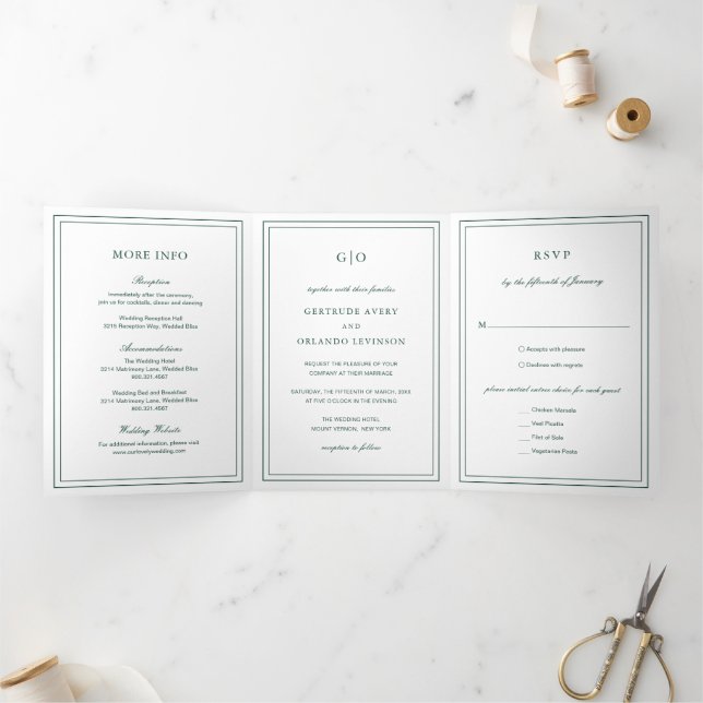 Classic Emerald Green Elegant Wedding Tri-Fold Invitation (Inside)