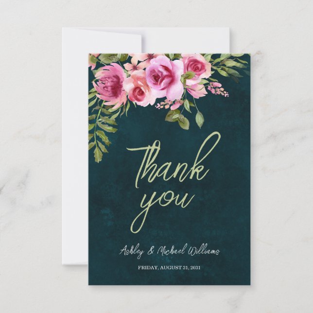 Classic Emerald Green Floral Dark Moody Wedding Thank You Card (Front)
