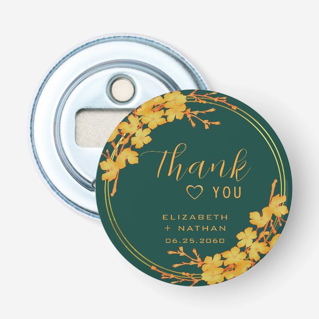 Classic Emerald Green & Gold Wedding Thank You Bottle Opener (Front)