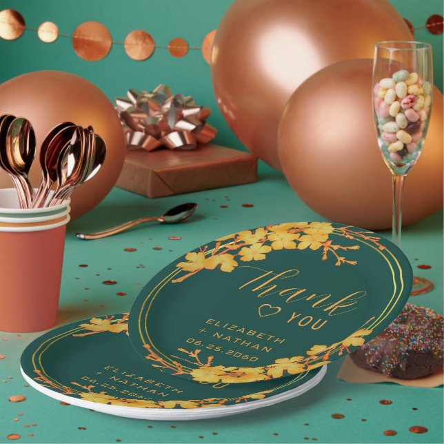 Classic Emerald Green & Gold Wedding Thank You Paper Plate (Multi)