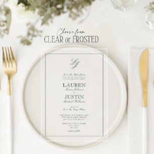 Classic Emerald Green Script Monogram Wedding Acrylic Invitations