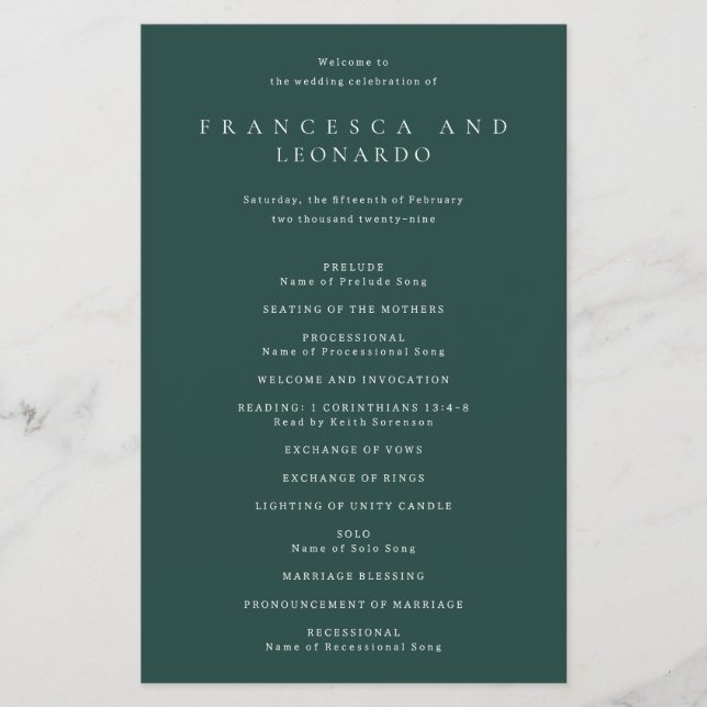 Classic Emerald Green Simple Wedding Program Flyer (Front)
