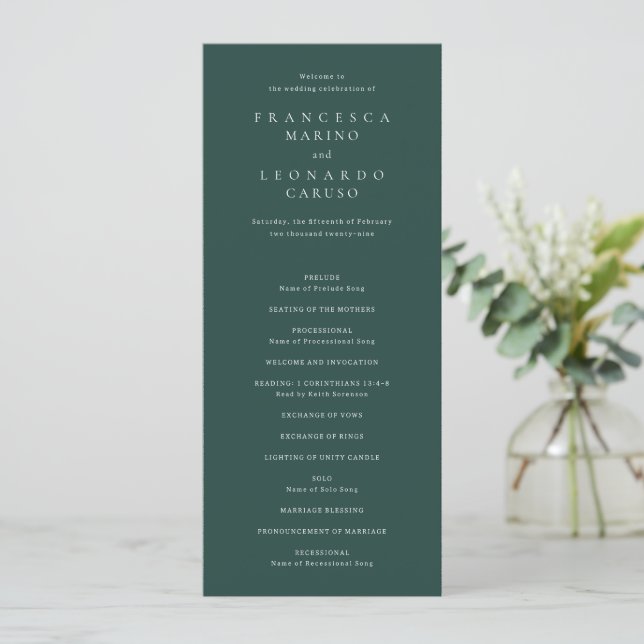 Classic Emerald Green Simple Wedding Programme (Standing Front)