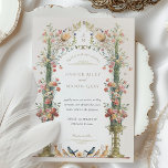 Classic Enchanted Garden Wedding Invitation<br><div class="desc">This wedding invitation is a romantic canvas painted with the soft tones of an English garden. Carnation pink, coral, and ivory blooms cascade down ornate golden urns, symbolising the growth and blossoming of love. The floral archway, adorned with delicate greenery, frames the couple's initials in a traditional Victorian style, creating...</div>