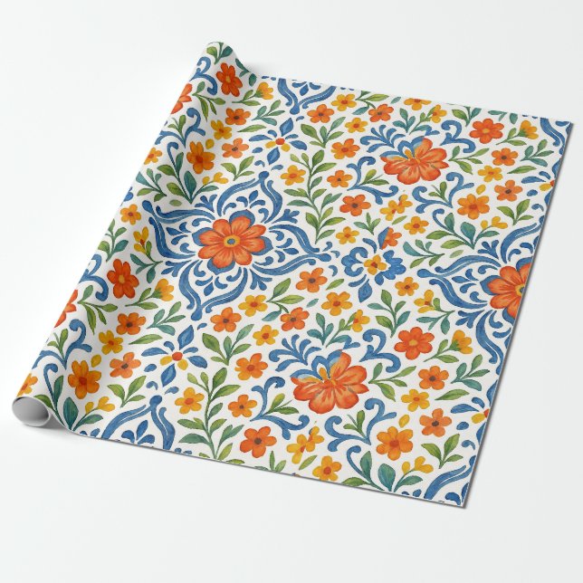 Classic Ethnic Mediterranean Floral Art Pattern Wrapping Paper (Unrolled)