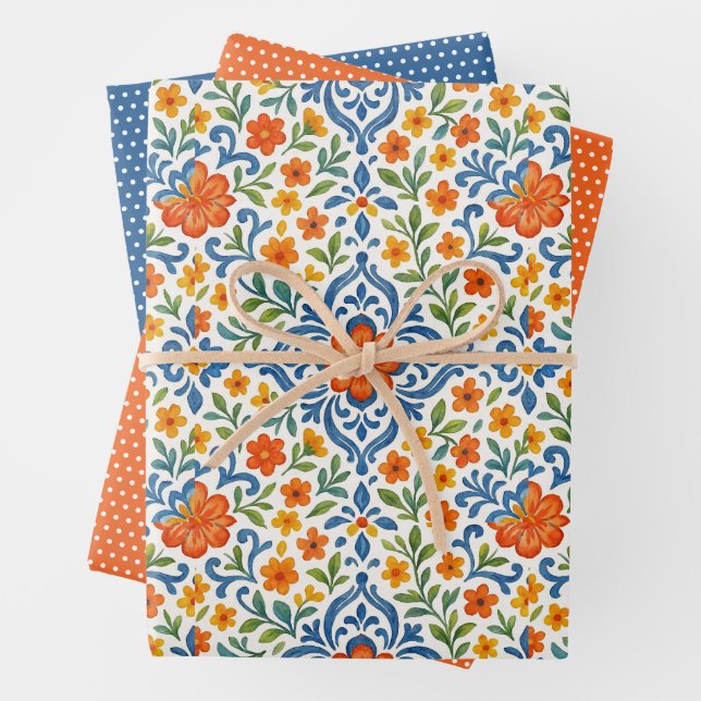 Classic Ethnic Mediterranean Floral Art Pattern Wrapping Paper Sheet (In situ)