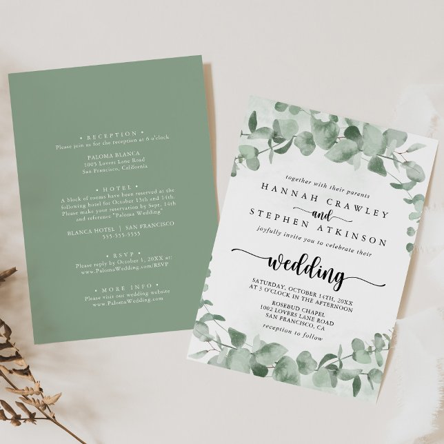 Classic Eucalyptus Foliage Front & Back Wedding Invitation (Creator Uploaded)