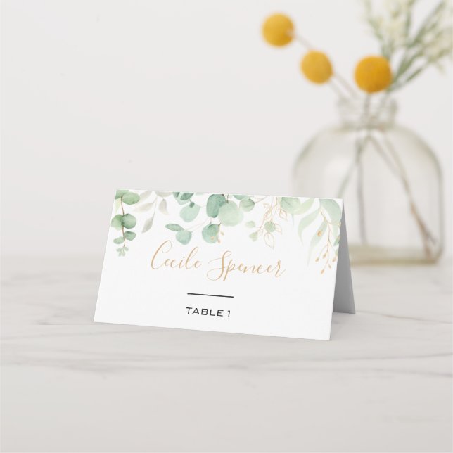 Classic Eucalyptus Gold Leaf Formal Wedding  Place Card (Front)