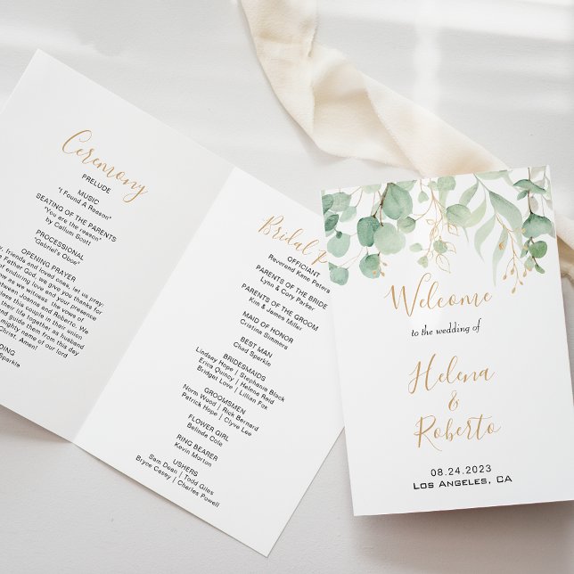 Classic Eucalyptus Gold Trifold Wedding Program (Creator Uploaded)