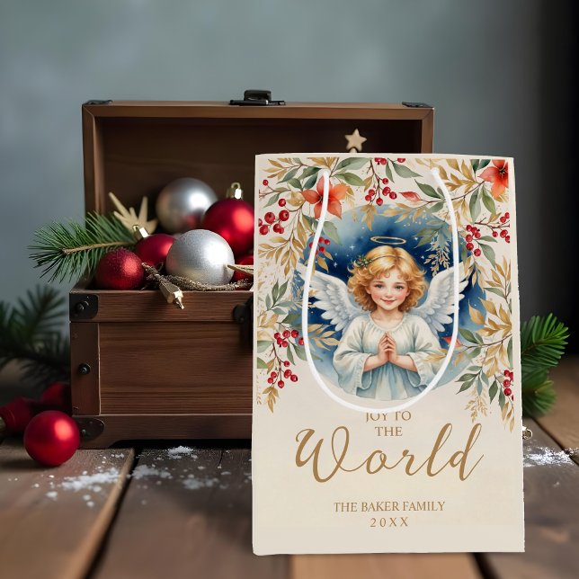 Classic Exquisite Christmas Victorian Angel Xmas Medium Gift Bag (Classic Romantic Exquisite Christmas Angel with Flowers Victorian-Themed Inspired Christmas.)