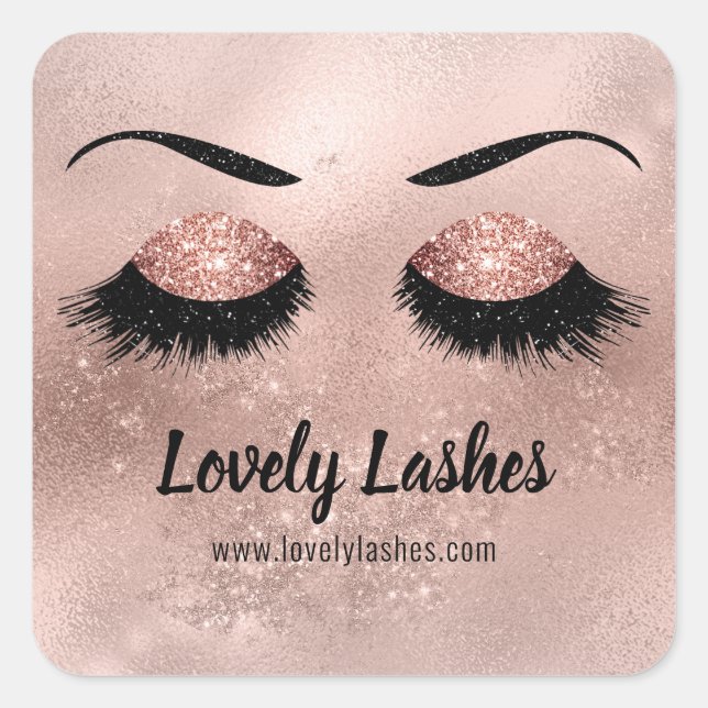 Classic Eye Lashes Rose Gold Sparkle Glitter Logo Square Sticker (Front)