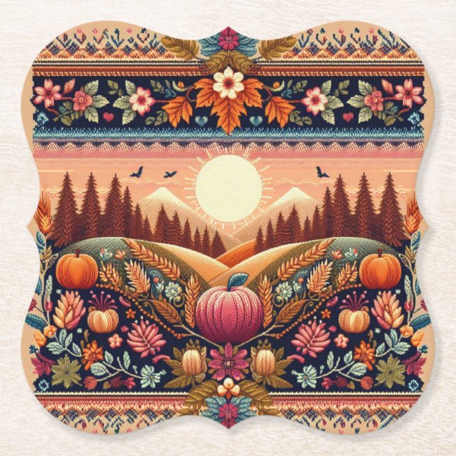 Classic Fair Isle Fall/Autumn Paper Coaster (Front)