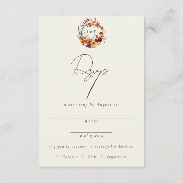 Classic Fall Wildflower Name Initial RSVP Enclosure Card (Front)