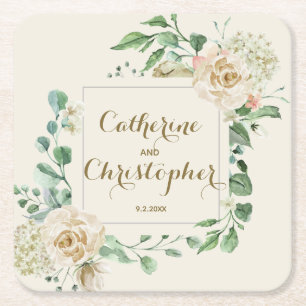 Classic Fall Winter Boho Floral Wedding Square Paper Coaster