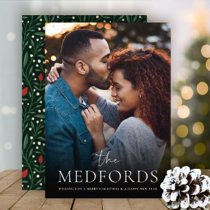Classic Family Name Floral Back   Photo Holiday Card
