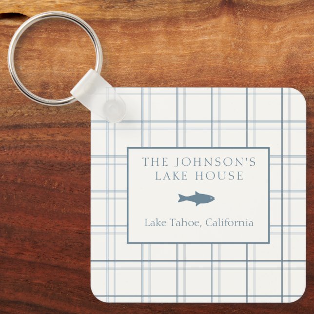 Classic Family Name Plaid Lake House Dusty Blue Key Ring (Front)