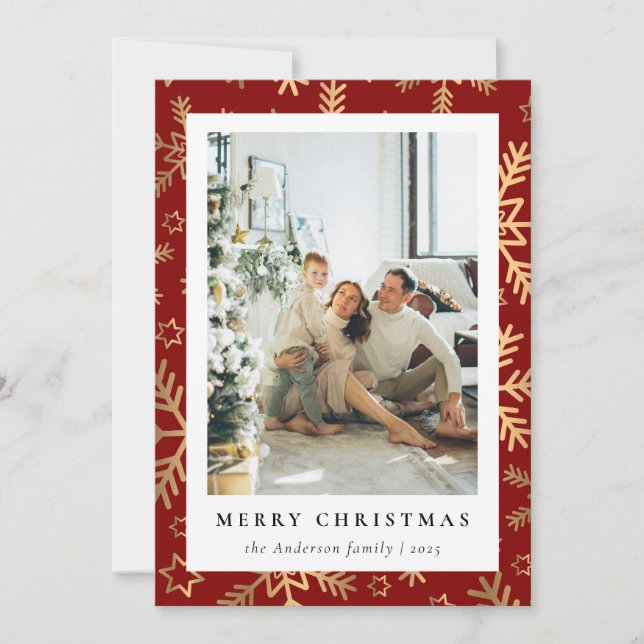 Classic Family Photo Red Gold Merry Christmas Holiday Card (Front)