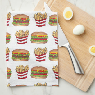 Classic Fast Food Pairing Burger and French Fries Tea Towel